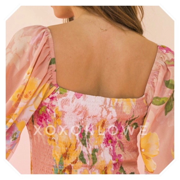 Pink & Yellow Floral Smocked Bubble Sleeve Blouse - Picture 10 of 16